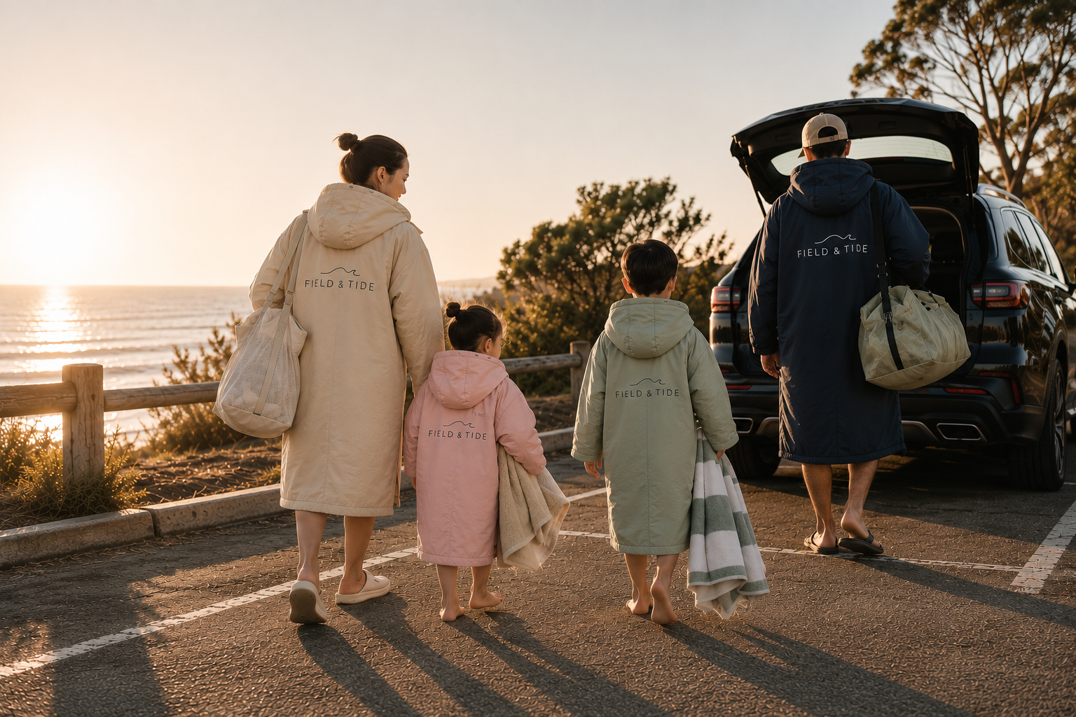 A family in Field & Tide changing robes walking toward the car at sunset after a beach swim