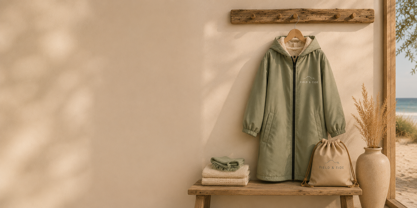 Field & Tide waterproof changing robe and accessories in a calm coastal setting
